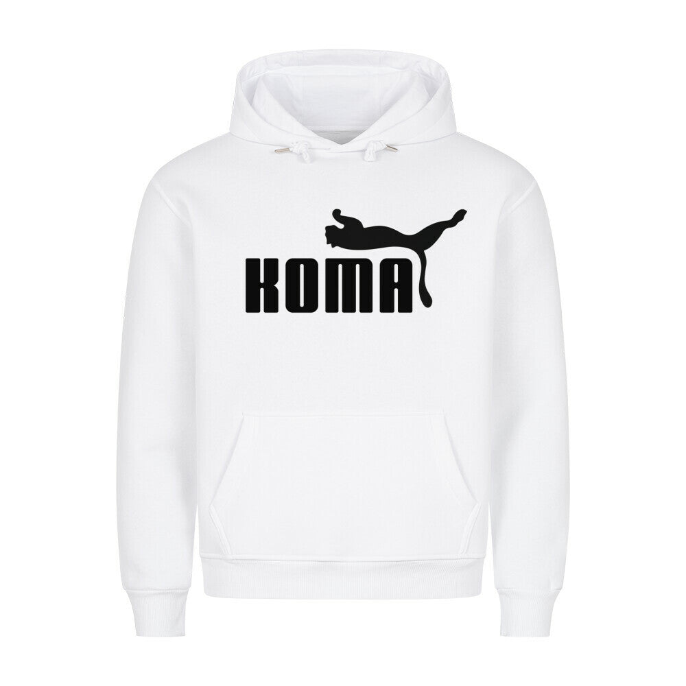 Weißer Koma Premium Hoodie mit Kapuze, Bauchtasche und schwarzem Koma-Logo, 80% Baumwolle, 20% Polyester, gemütlicher