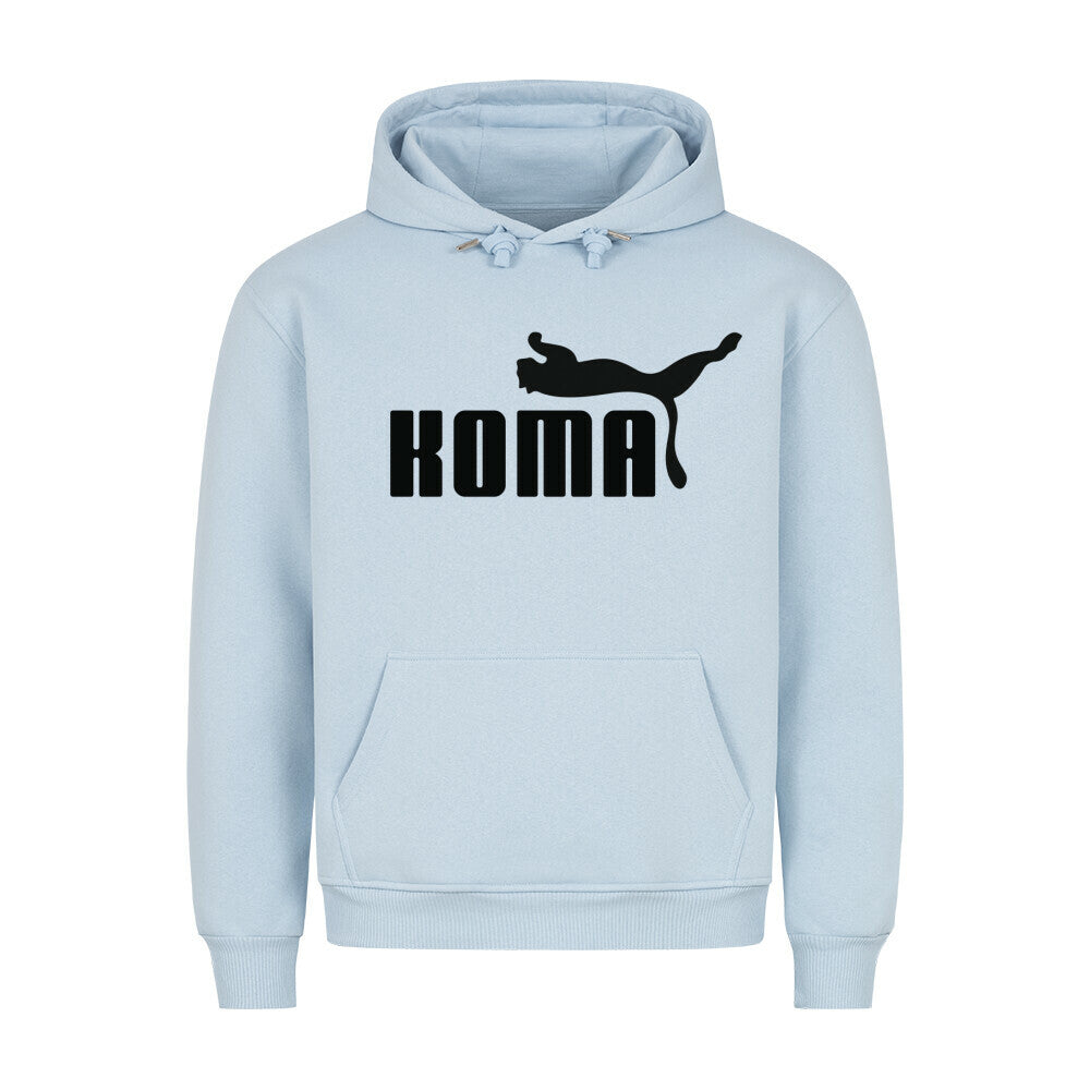 Hellblauer Koma Premium Hoodie mit Kapuze, Kängurutasche und schwarzem Katzen-Logo aus Baumwoll-Polyester-Mix