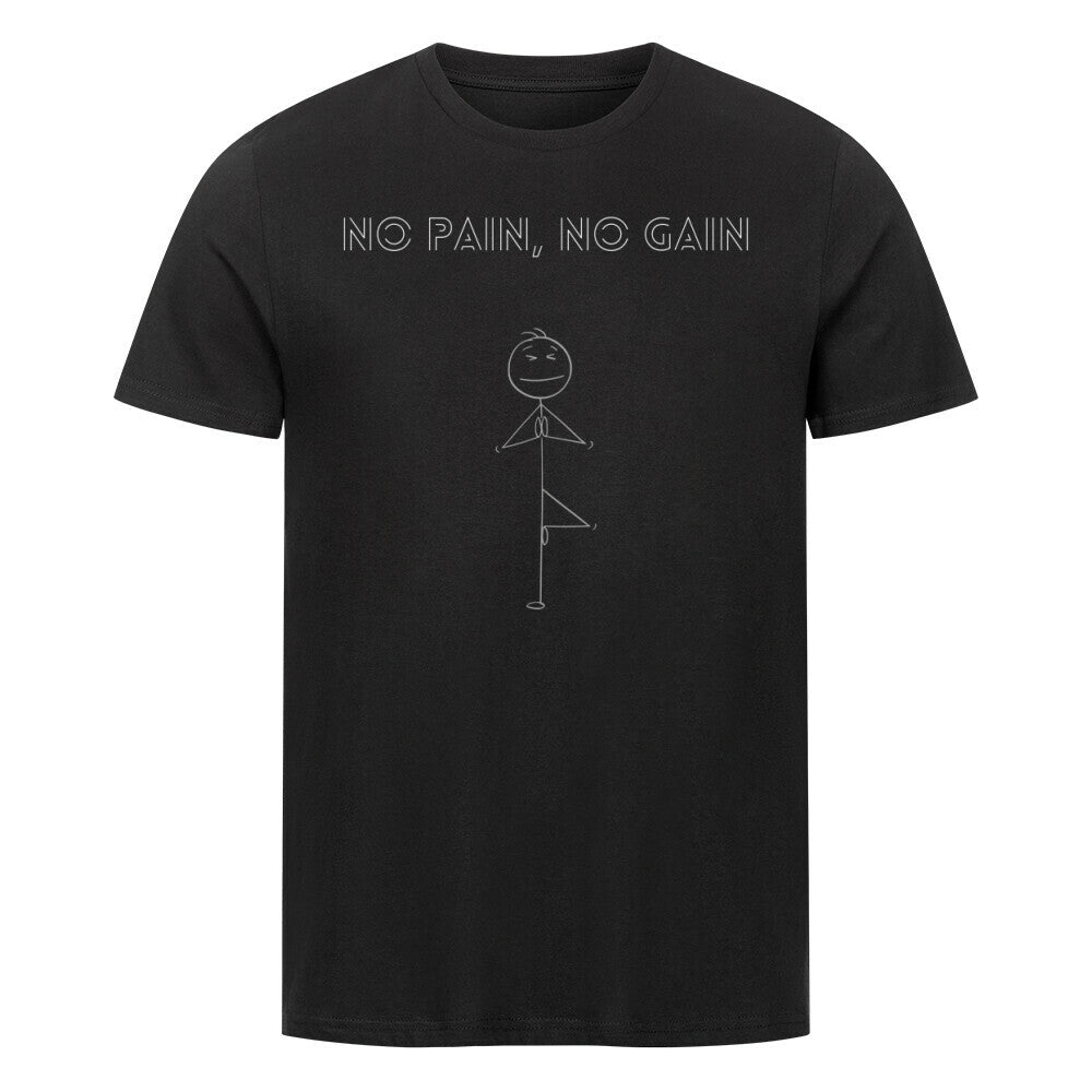 Black unisex PremiumPain Shirt with "No Pain, No Gain" design featuring a stick figure illustration.