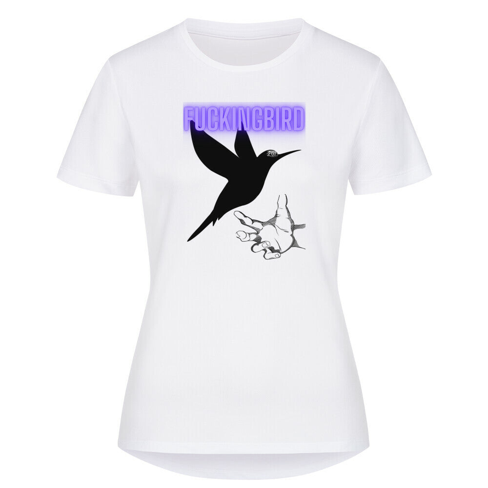 Women's sport T-shirt with bird graphic, made from 100% recycled polyester.