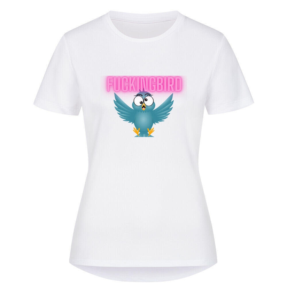 Women's sport t-shirt with bird print, 100% recycled polyester, athletic fit.
