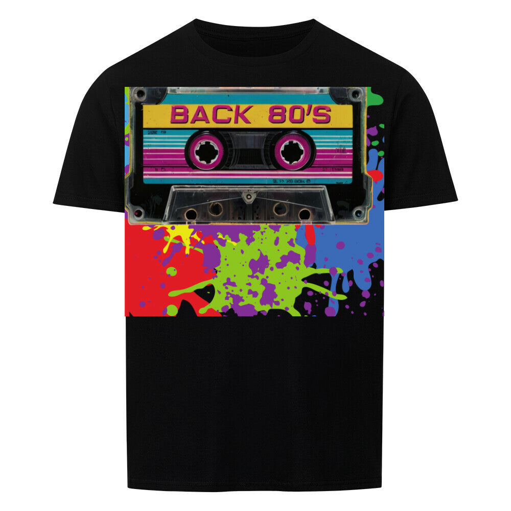 Unisex black T-shirt with colorful 80s cassette design.
