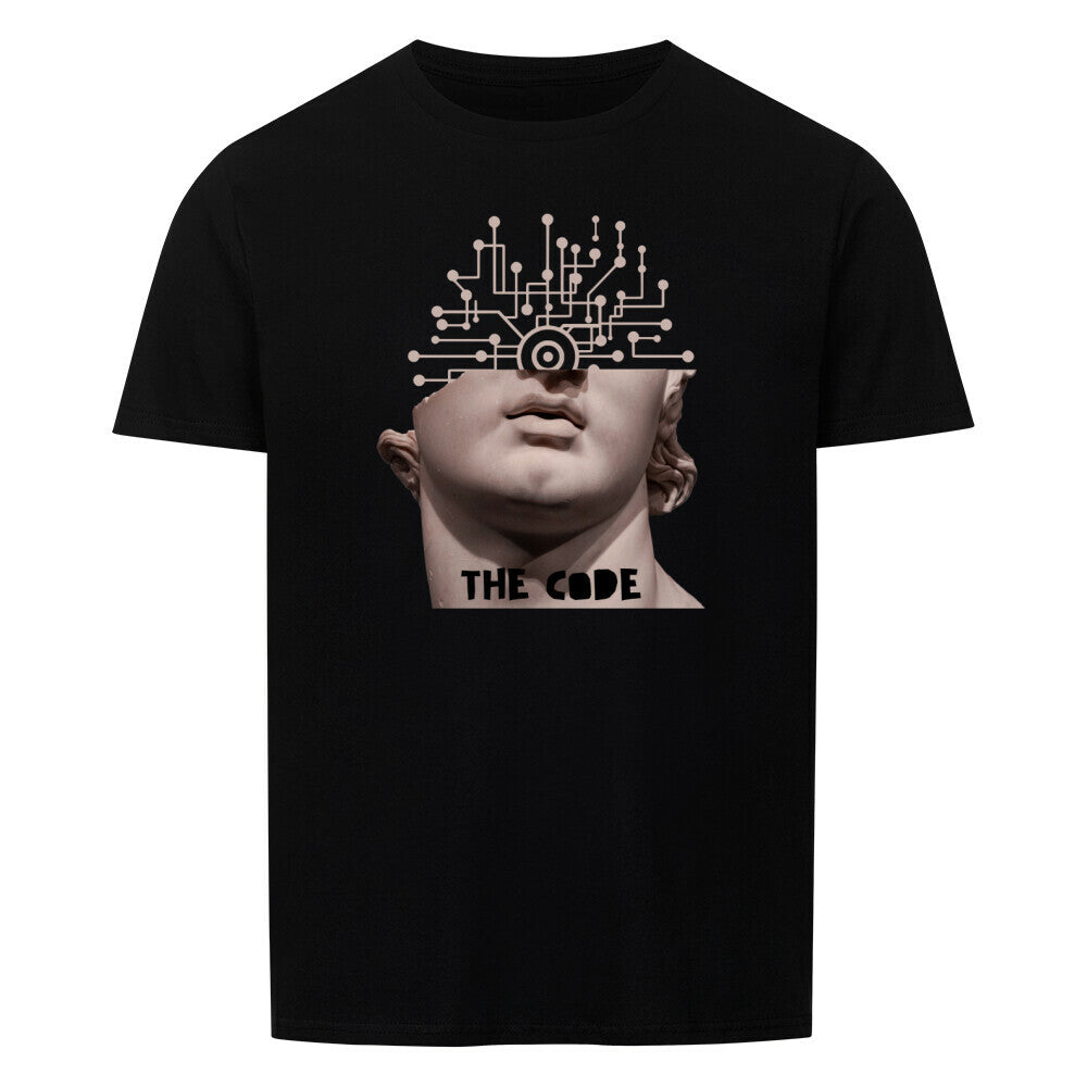 Unisex T-shirt "The Code" with a modern circuit design on black fabric.