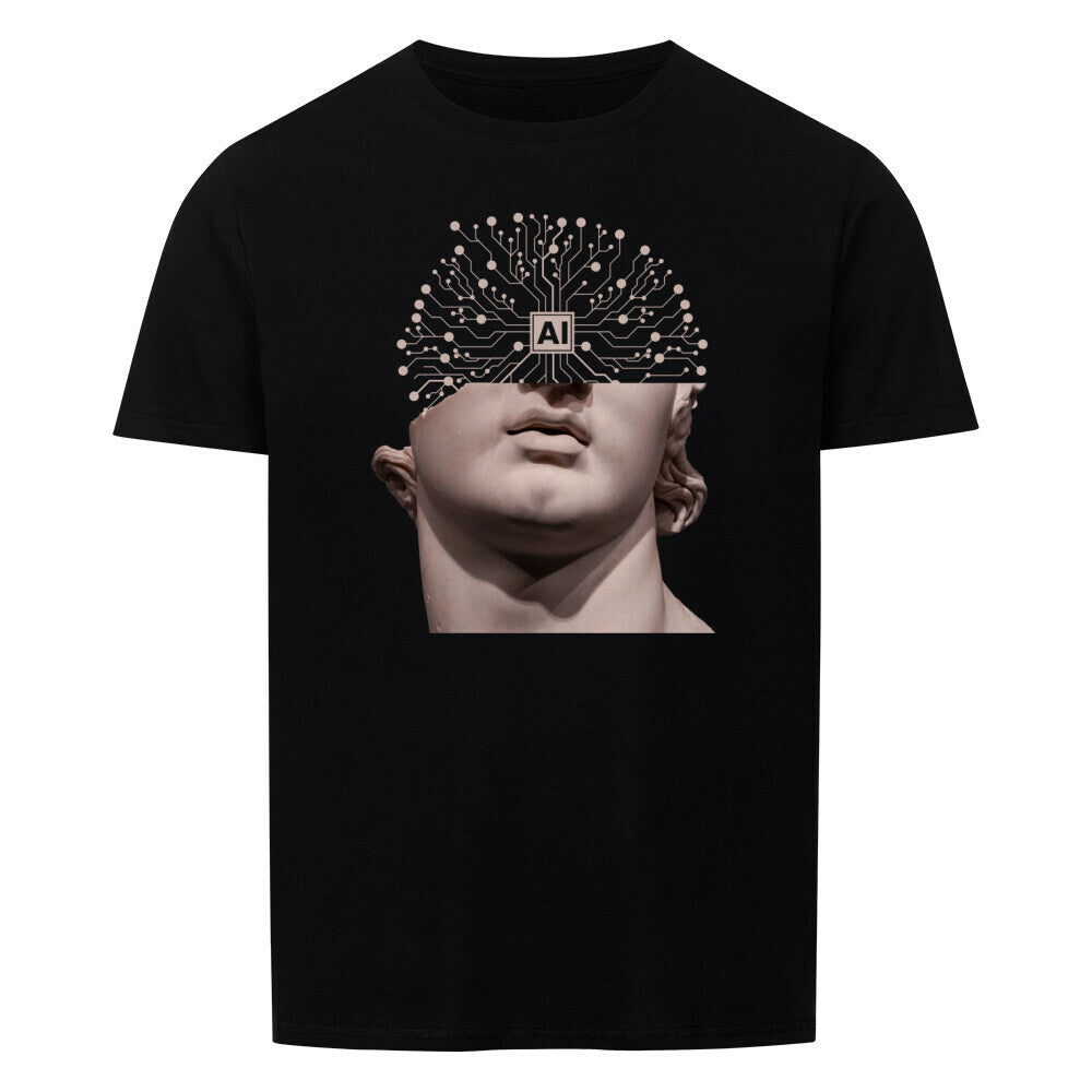 Unisex T-shirt with AI design on black fabric, classic fit.