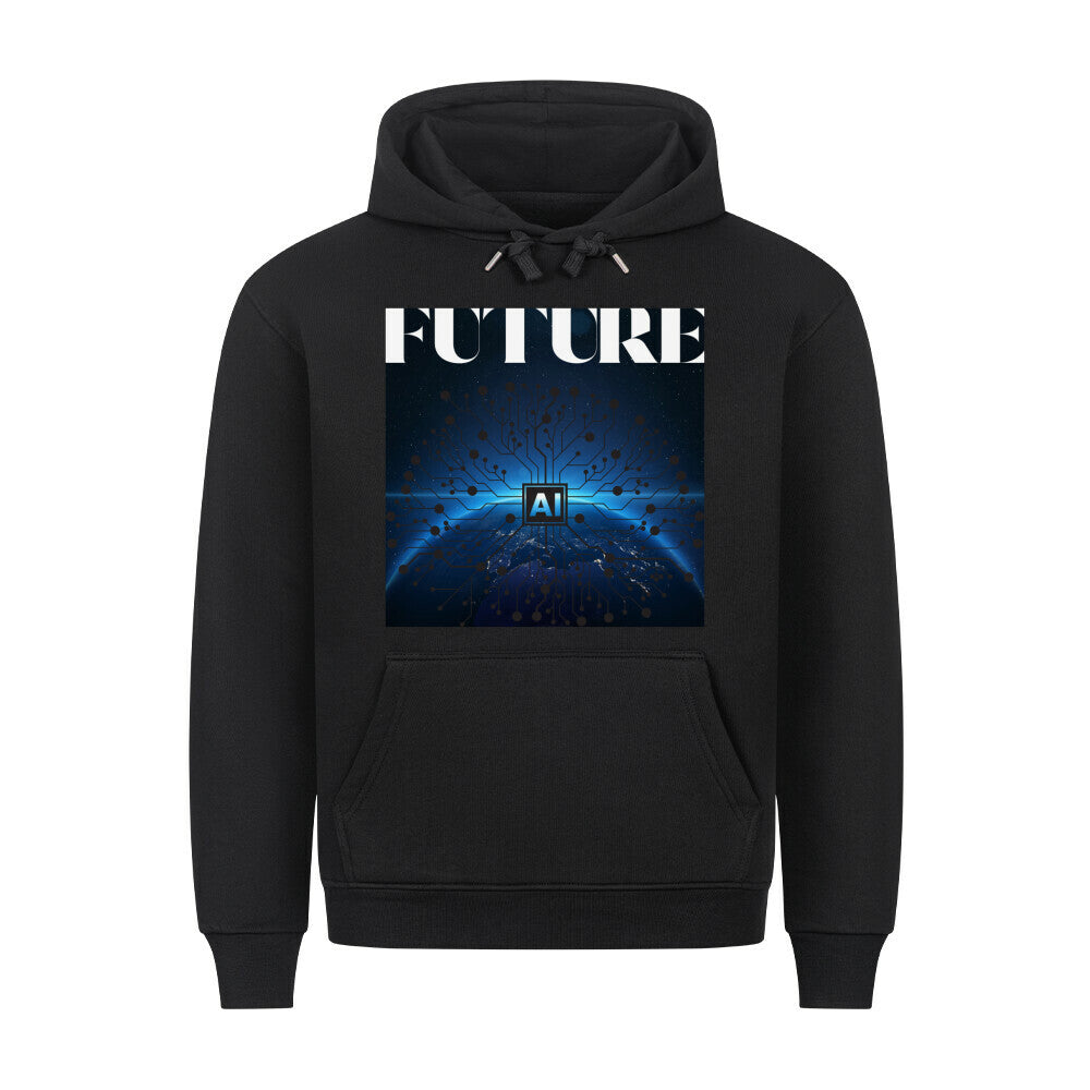 Premium hoodie with "Future AI" design, black color, featuring a cozy fit and metal tipped drawstrings.