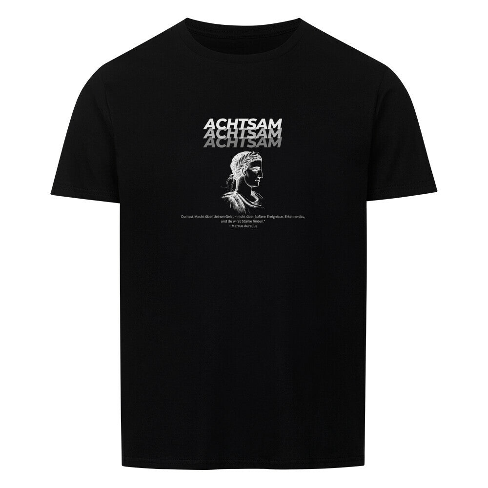 Unisex Aurelius Shirt, classic fit, black with front graphic, 100% cotton, fashionable double-stitched collar.