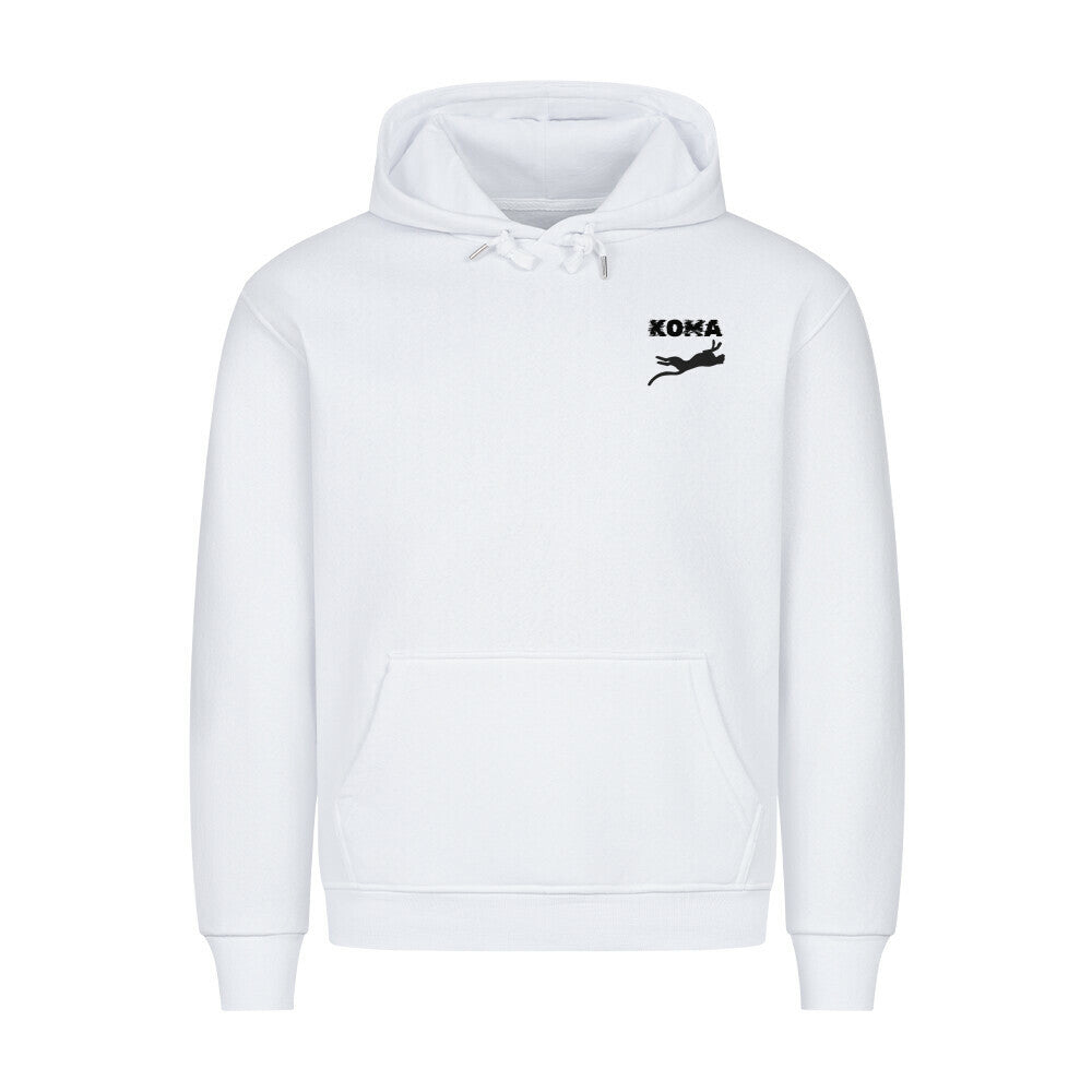 Koma Premium Hoodie weiß mit Kapuze, Kängurutasche und schwarzem Logo, 80% Baumwolle, 20% Polyester, gemütlicher Schnitt, hochwertige