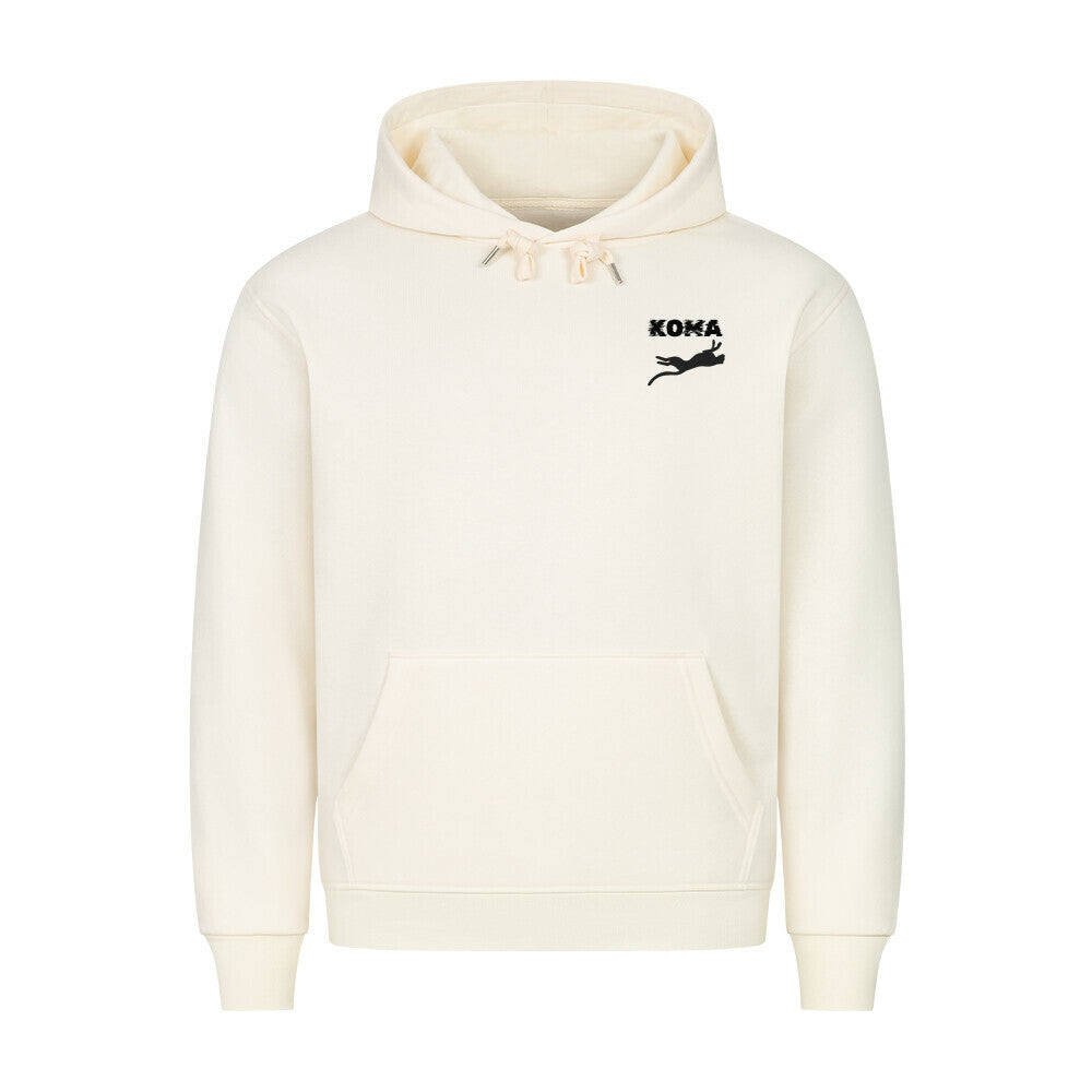 Koma Premium Hoodie in cremeweiß mit Kapuze, Kängurutasche und kleinem schwarzem Logo, aus hochwertiger Baumwollmischung, gemütlich geschnitten.