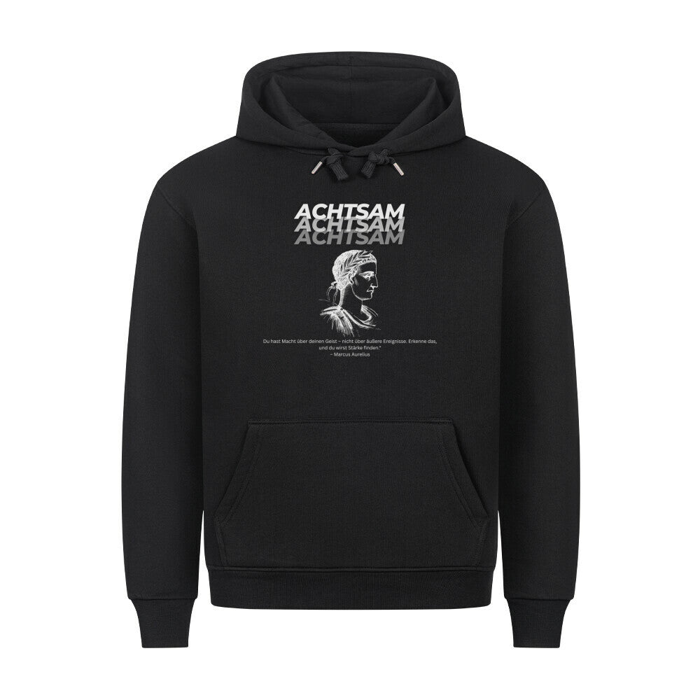 Achtsamkeit Premium Hoodie in black with front pocket and metal-tip drawstrings.