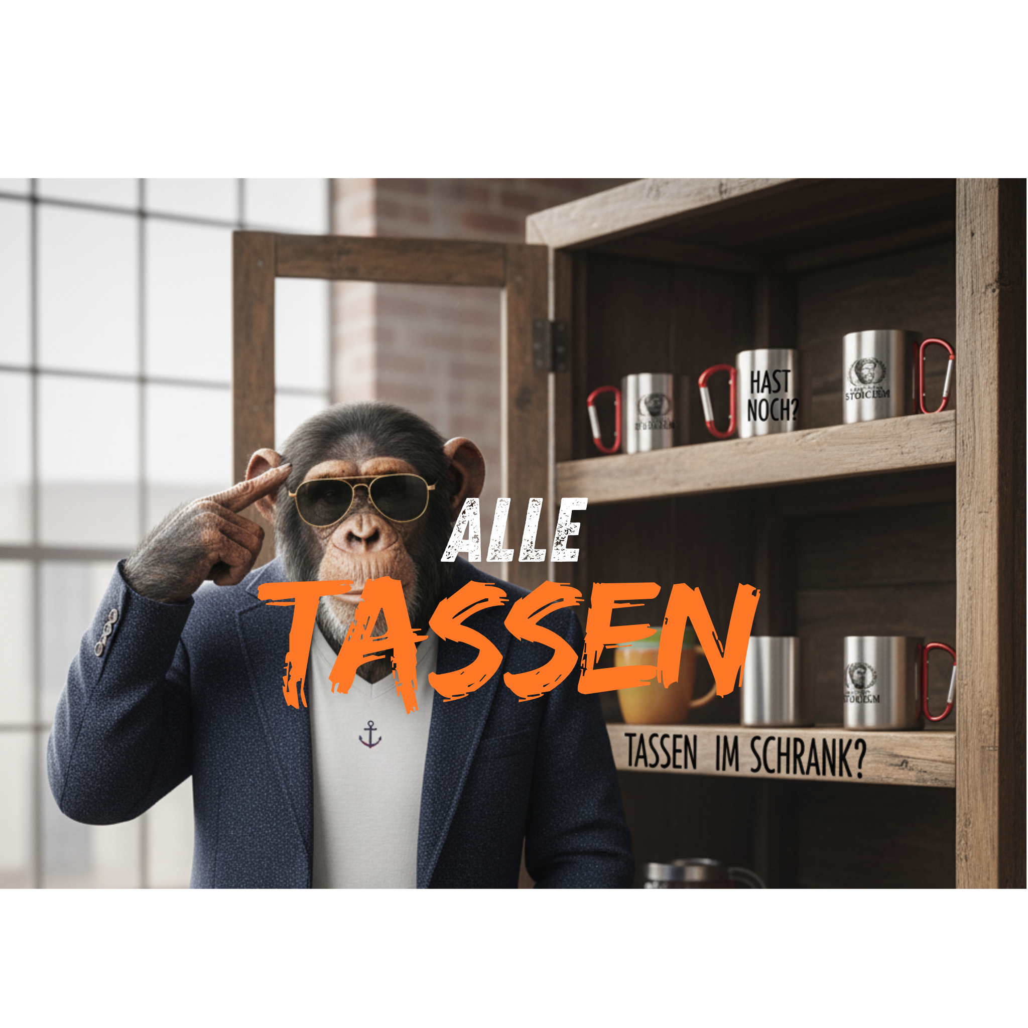 aAffe steht am regal mit Tassen im schrank