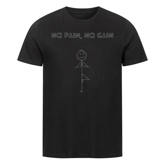 Black unisex PremiumPain Shirt with "No Pain, No Gain" design featuring a stick figure illustration.