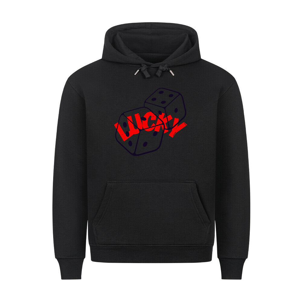 Black Lucky Premium Hoodie with dice design, cotton-polyester blend, featuring a hood with metal-tipped drawstrings and a front pouch pocket.