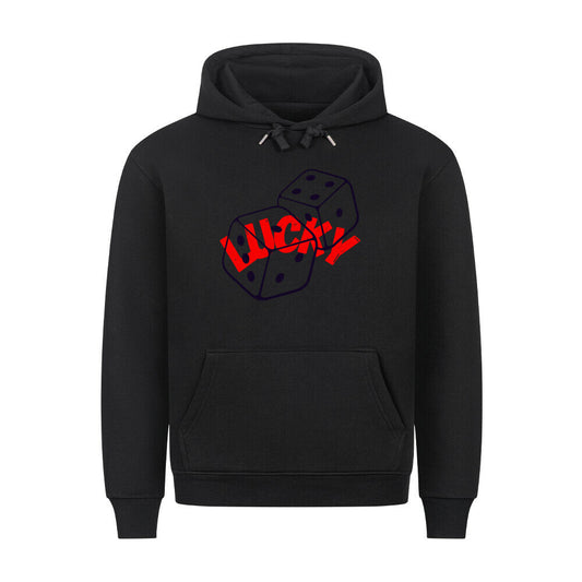 Black Lucky Premium Hoodie with dice design, cotton-polyester blend, featuring a hood with metal-tipped drawstrings and a front pouch pocket.