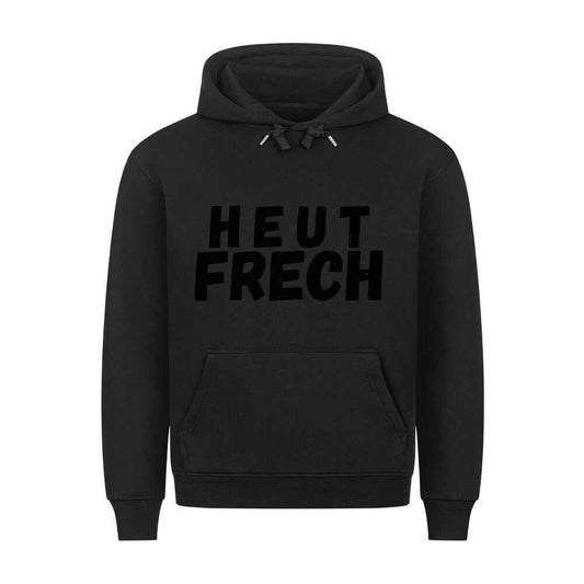 Black premium hoodie with "HEUT FRECH" text, featuring a cozy fit, metal-tipped drawstrings, and a front pouch pocket.