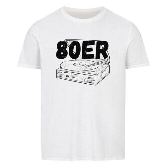 80er Unisex T-Shirt featuring vintage record player graphic, classic fit, double-stitch collar, and sleeves.