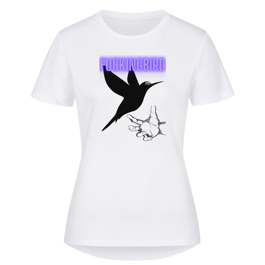 Women's sport T-shirt with bird graphic, made from 100% recycled polyester.