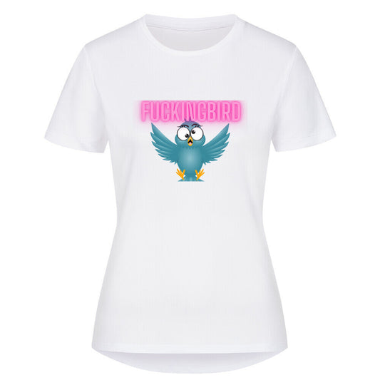 Women's sport t-shirt with bird print, 100% recycled polyester, athletic fit.