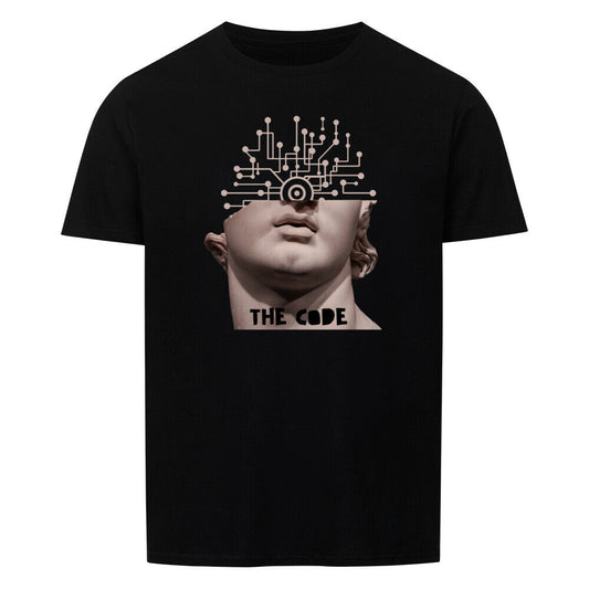 Unisex T-shirt "The Code" with a modern circuit design on black fabric.