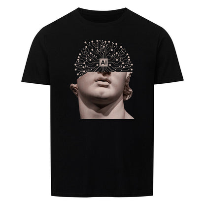 Unisex T-shirt with AI design on black fabric, classic fit.
