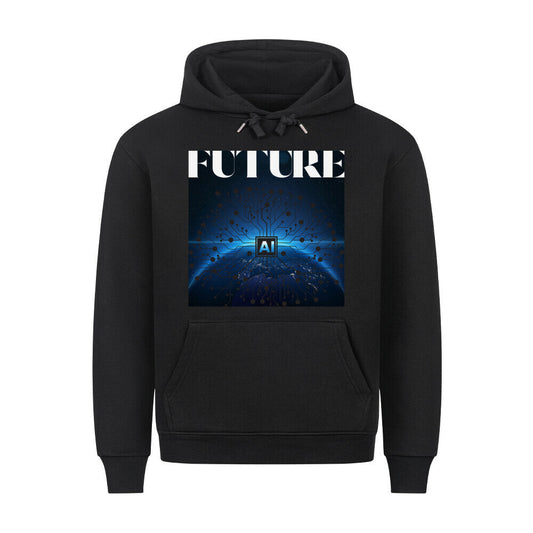 Premium hoodie with "Future AI" design, black color, featuring a cozy fit and metal tipped drawstrings.