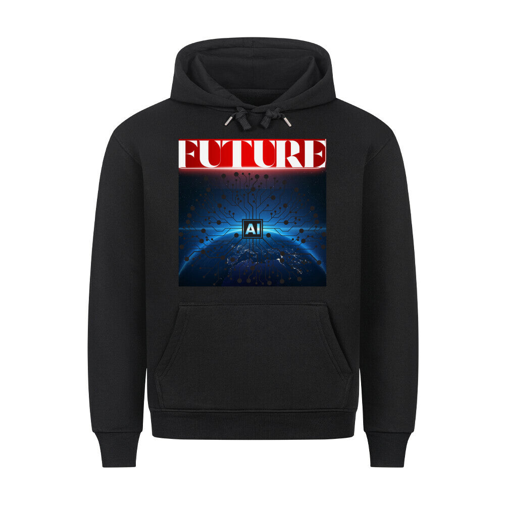 Black Future Premium Hoodie with front graphic design, metal-tipped drawcords, and kangaroo pocket.