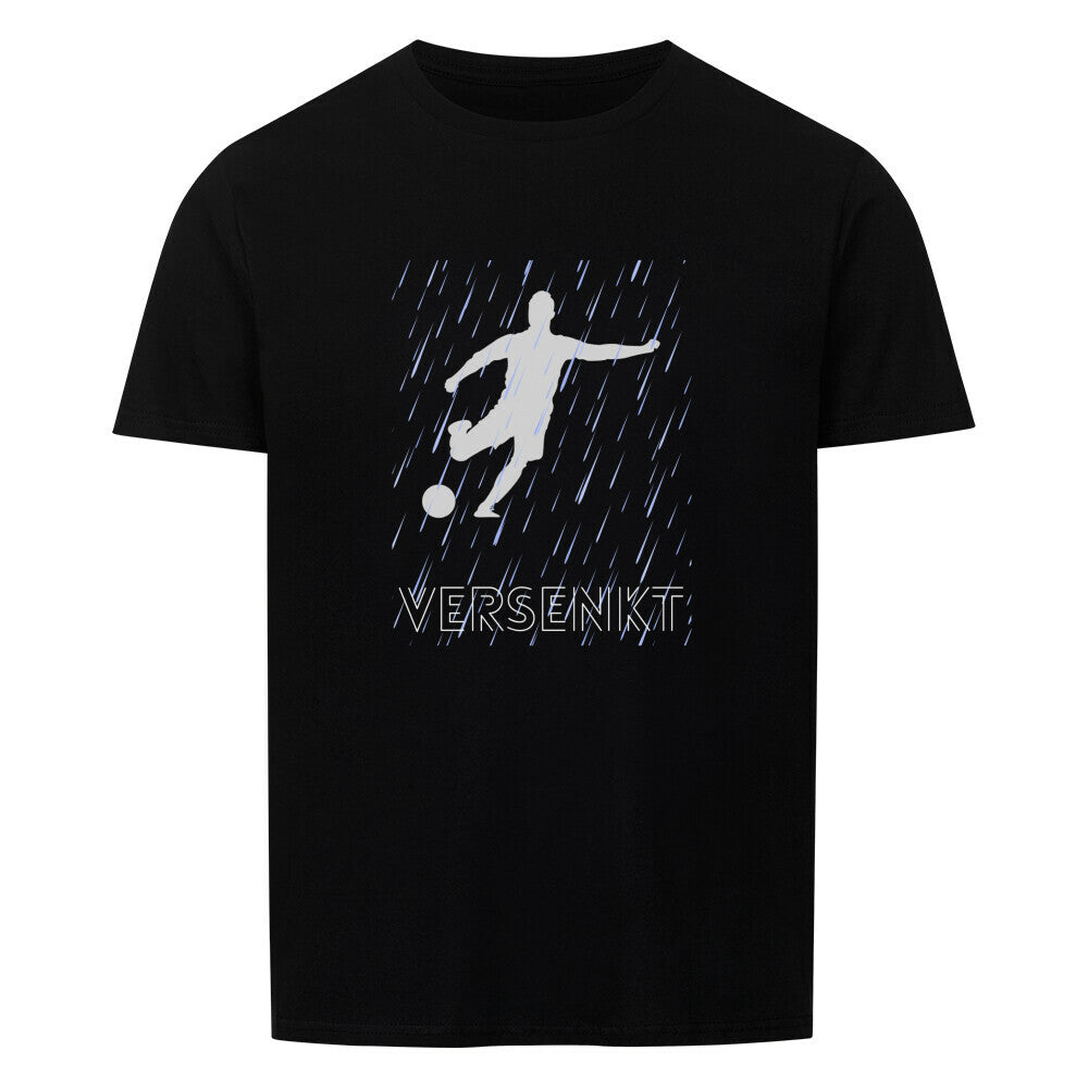 Unisex Versenkt Shirt with soccer silhouette and stylish neckline on black background.