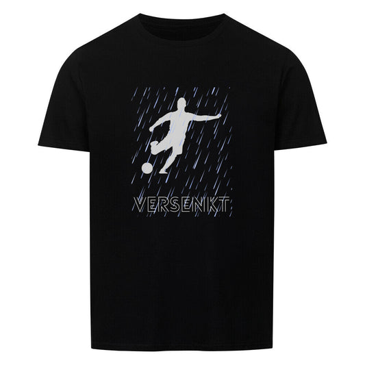 Unisex Versenkt Shirt with soccer silhouette and stylish neckline on black background.