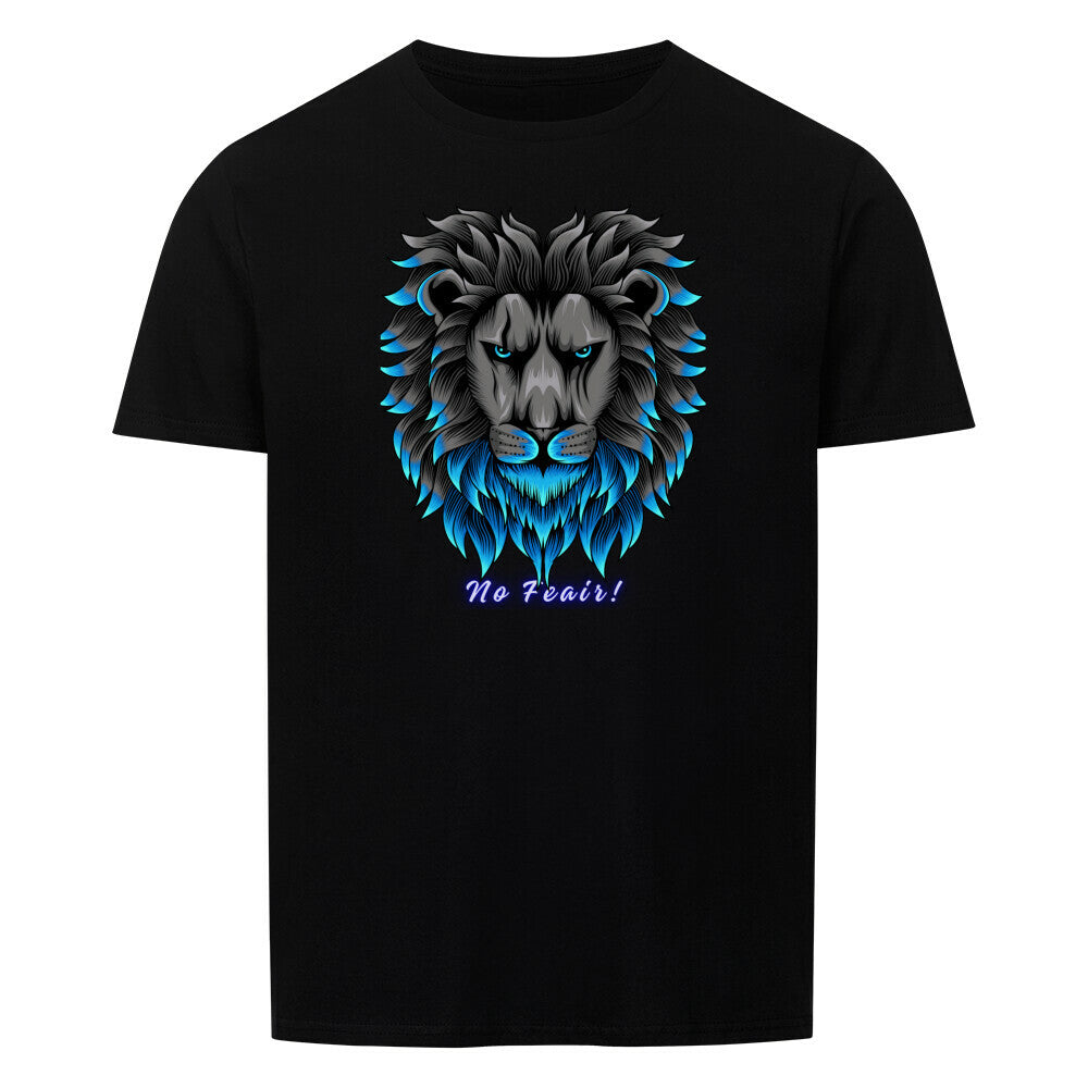 Unisex black T-shirt with lion graphic and "No Fear" text