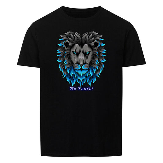 Unisex black T-shirt with lion graphic and "No Fear" text