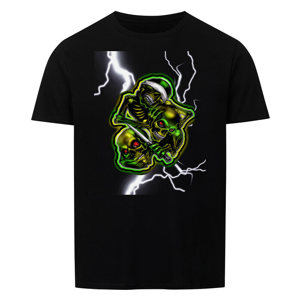 Unisex shirt with graphic skull design on black fabric.