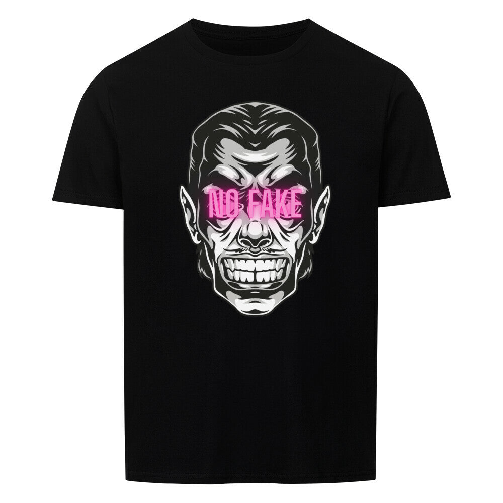 Schwarzes Unisex T-Shirt mit gruseligem Gesicht und pinkem NO FAKE Schriftzug, klassische Passform, 100% Baumwolle.