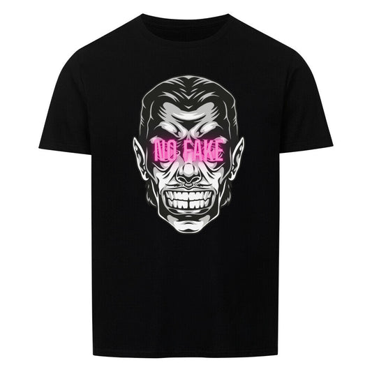 Schwarzes Unisex T-Shirt mit gruseligem Gesicht und pinkem NO FAKE Schriftzug, klassische Passform, 100% Baumwolle.