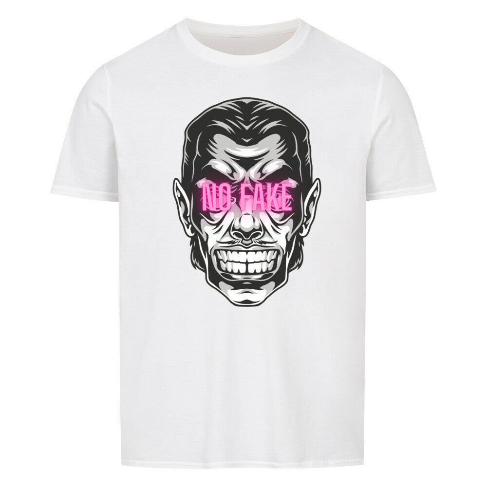 Weißes Unisex T-Shirt mit schwarzem Gruselgesicht und pinkem NO FAKE Schriftzug, 100% Baumwolle, klassischer Schnitt