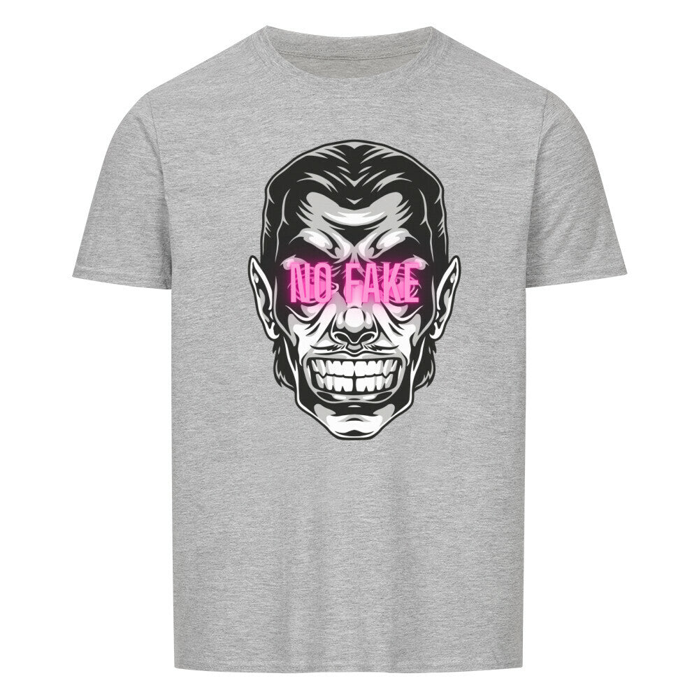 Graues Unisex T-Shirt mit "NO FAKE" Aufdruck und modischem Doppelnaht-Kragen aus 100% Baumwolle.