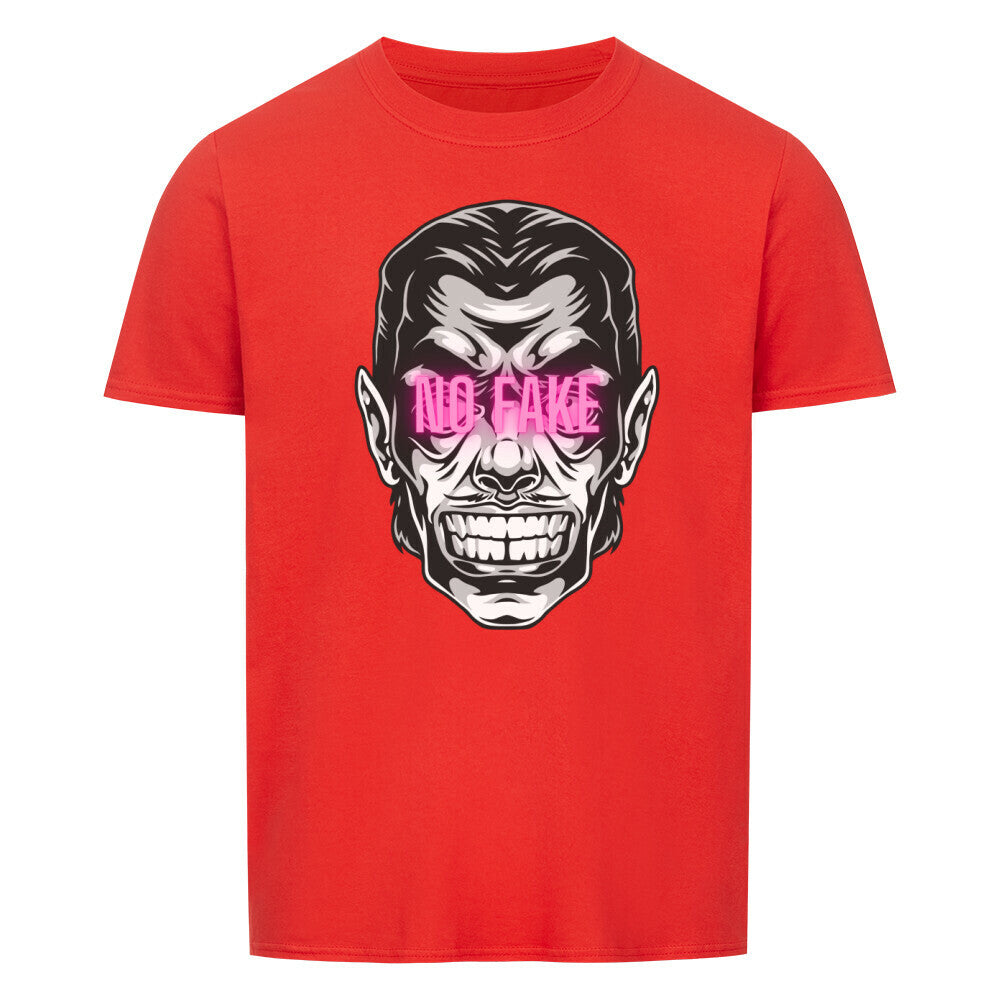 Rotes Unisex T-Shirt mit NO FAKE Schriftzug und Gesichtsgrafik, 100% Baumwolle, normale Passform
