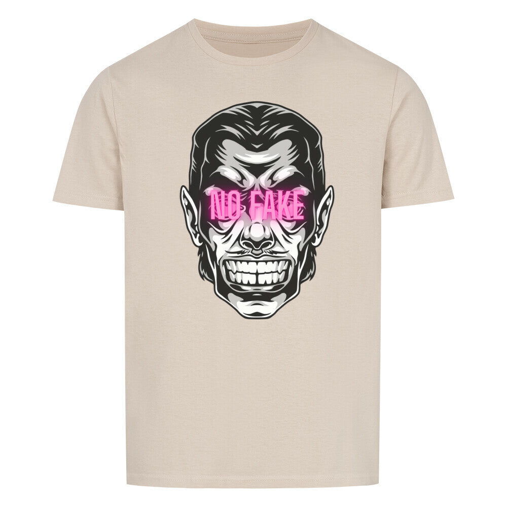 Beiges Unisex-T-Shirt mit "NO FAKE" Schriftzug und markantem Gesicht-Design in modischer Normalpassform aus 100% Baumwolle.