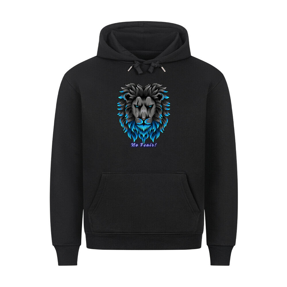 Black Keine Angst Premium hoodie with blue and black lion graphic and "No Fears!" text, cozy fit, cotton-polyester blend, front pocket, and metal-tipped drawstrings.
