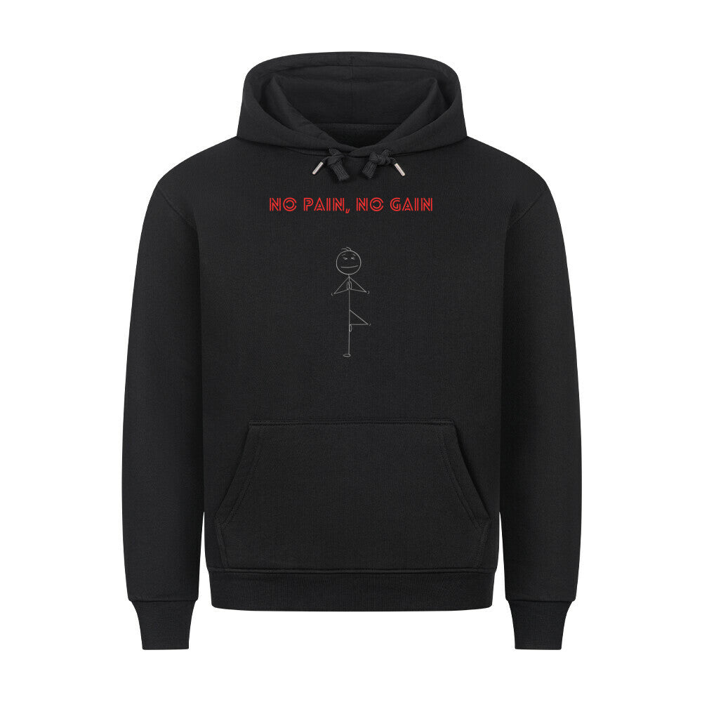 Black "Pain Premium Hoodie" with "No Pain, No Gain" text and stick figure graphic on front, featuring a hood with metal cord ends and a front pouch pocket.