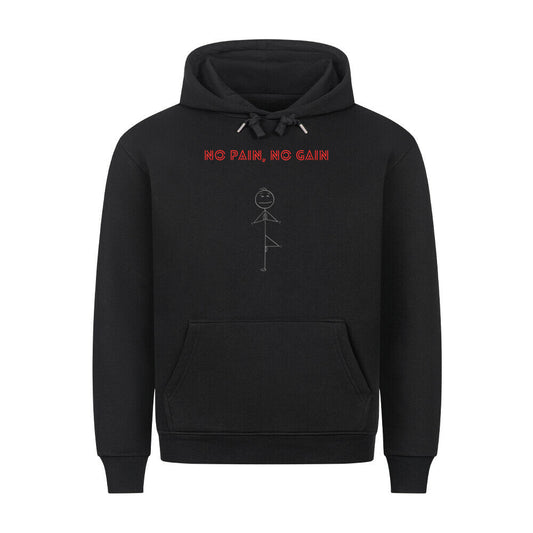 Black "Pain Premium Hoodie" with "No Pain, No Gain" text and stick figure graphic on front, featuring a hood with metal cord ends and a front pouch pocket.