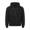 Black "Pain Premium Hoodie" with "No Pain, No Gain" text and stick figure graphic on front, featuring a hood with metal cord ends and a front pouch pocket.