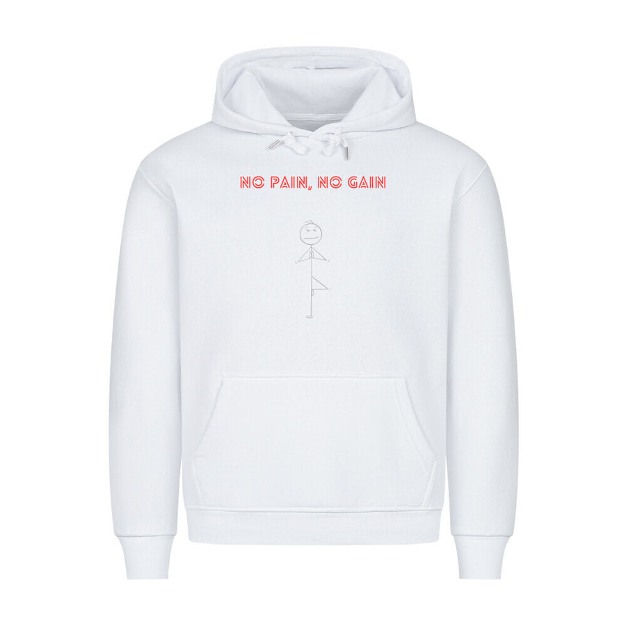 Black "Pain Premium Hoodie" with "No Pain, No Gain" text and stick figure graphic on front, featuring a hood with metal cord ends and a front pouch pocket.