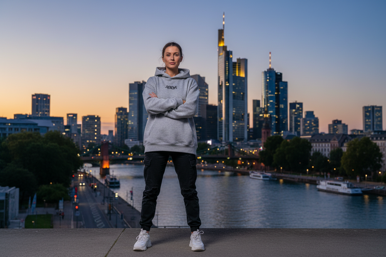 eine frau trägt den hoodie im hintergrund ist die skyline von frankfurt am main zusehen